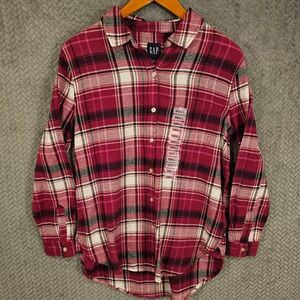 GAP Womens Boyfriend Flannel Shirt Pink Burgundy Plaid Cotton Small NWT Soft
